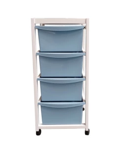 CARRELLO IN LEGNO BIANCO CON CASSETTI BLU, 37,5X36,5X82 CM